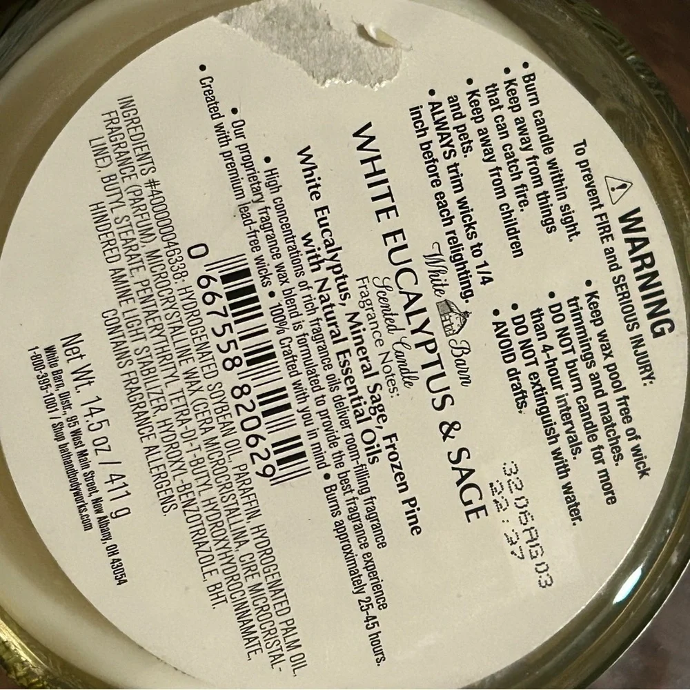 Bath & Body Works 3 Wick Candle WHITE EUCALYPTUS & SAGE White Barn